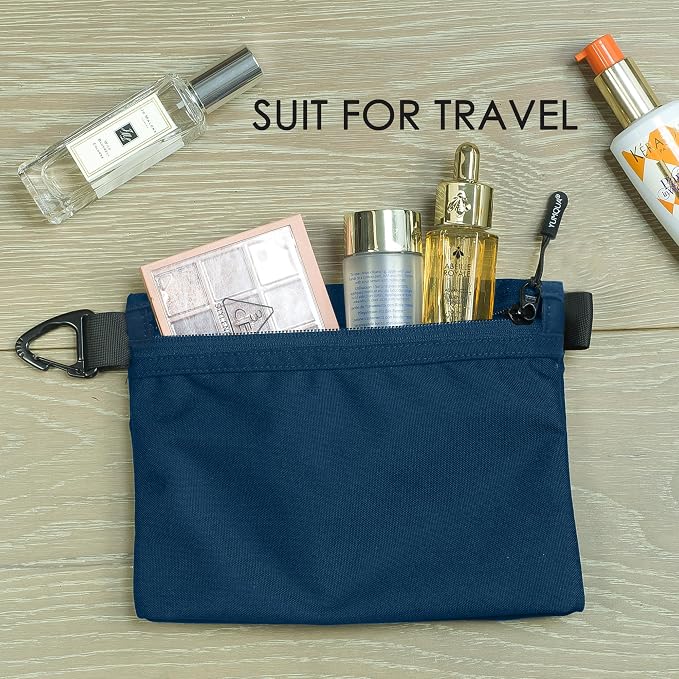 YUMQUA Small Zipper Pouch with Carabiner Clip, Small Nylon Pouch Water-Resistant Travel Bag with Zipper Multipurpose Digital Cosmetics Toiletry Bag Tools Storage, Dark Blue