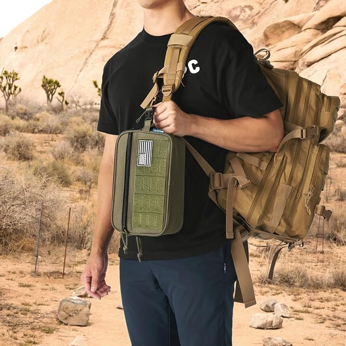 PAVILIA Tactical Toiletry Bag for Men, Water Resistant Molle Military Dopp Kit, Travel Hygiene Organizer with Wet Dry Storage for Shaving, Grooming, Gym and Camping, Olive XL