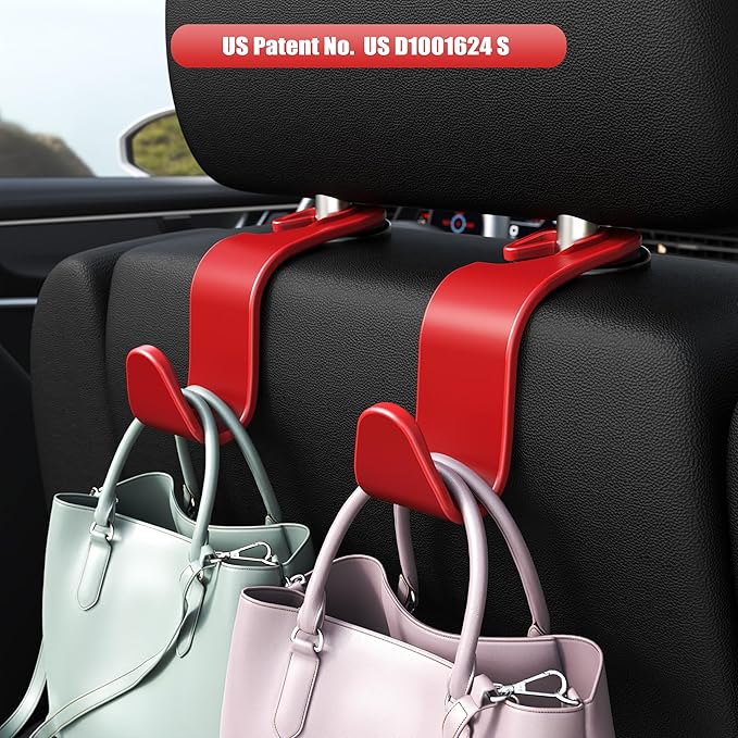 Amooca Car Seat Headrest Hook 4 Pack Hanger Storage Organizer Universal for Handbag Purse Coat Universal fit Vehicle Car Red with Clip