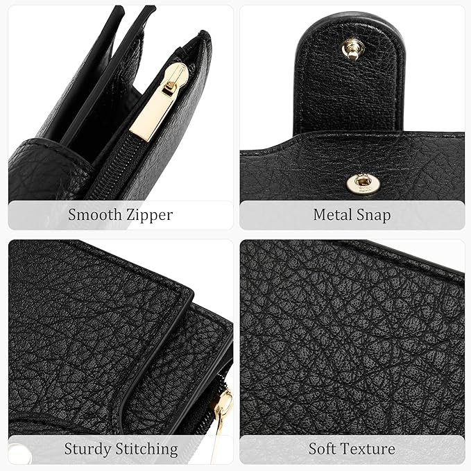 Airkit Small Women's Bifold Wallet, RFID Blocking Credit Card Holder with Zipper, Travel Cute Coin Pocket Wallet for Ladies, Black