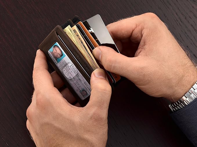 Compact RFID Sleeve Wallet Premium Leather Minimalist Money Clip Card Holder 10 Cards