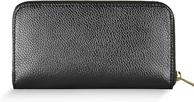 Italian Genuine Metallic Leather Wallet for Women with 3 Compartments & Zip Close | Small Rectangular Card Holder (Black)