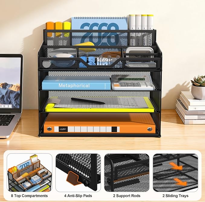 Docnest 4 Tier Mesh Desk Organizer, Multi-Functional Paper Letter Tray with 5 Adjustable Compartments & 3 Pen Holders - Space-Saving Desktop Storage for Office Files, Mail, Stationery - Black