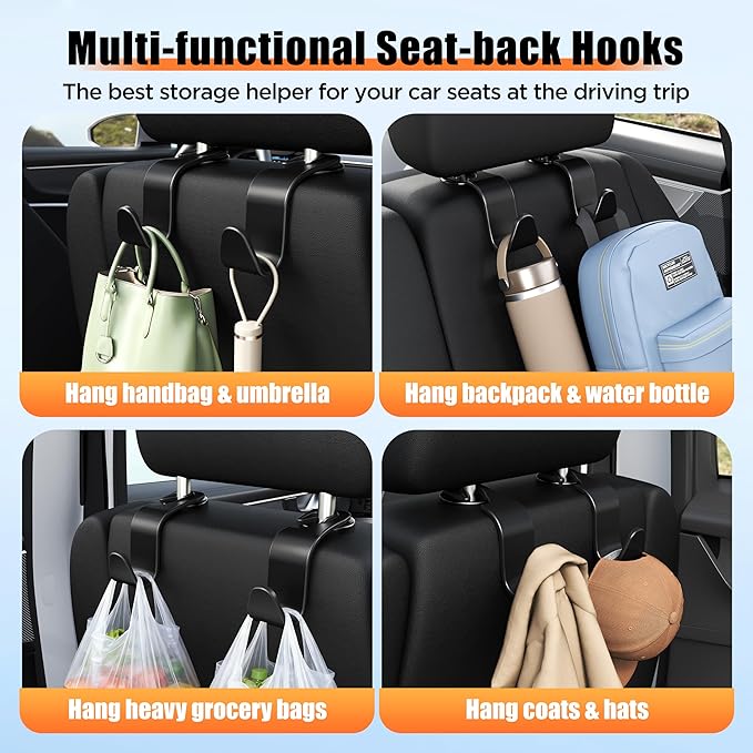 Amooca Car Seat Headrest Hook 4 Pack Hanger Storage Organizer Universal for Handbag Purse Coat Universal fit Vehicle Car Black with Buckle