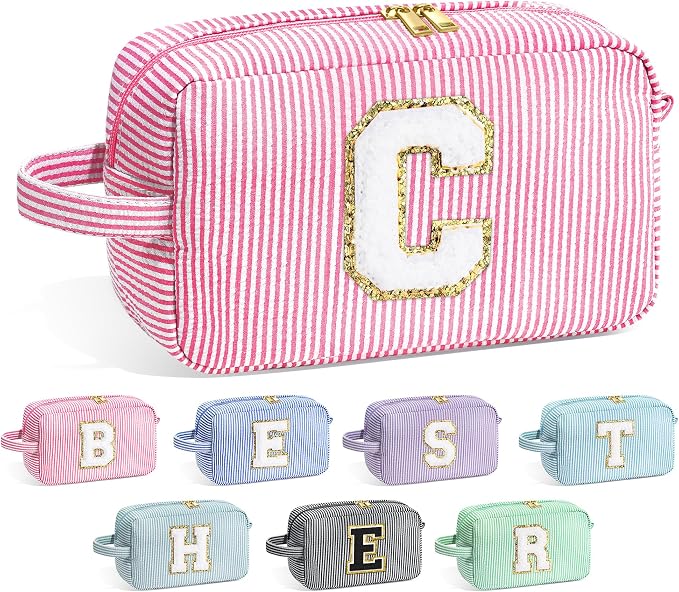 YOOLIFE Birthday Gifts for 6 7 8 9 10 11 12 13 14 15 Year Old Teen Girl - Initial Makeup Bag Letter Toiletry Pouch Cosmetic Case, Personalized Teen Girl Gifts Trendy Stuff, Pink C