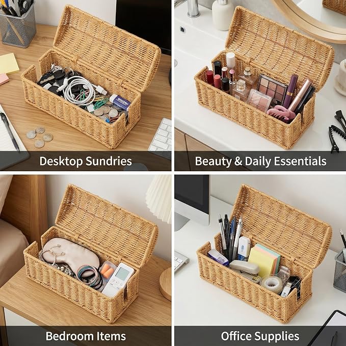 Cable Management Box, Handwoven Rattan Cable Organizer, Cord Organizer Box to Hide Cords & Power Strip, Boho Wire Hider Basket for Home Office, Dome Cover, Natural