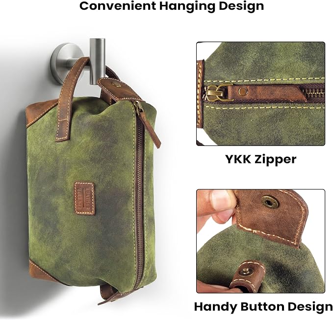 LEATHER VILLAGE Genuine Leather Dopp Kit for Men & Women with Waterproof Lining – Distressed Travel Toiletry Bag, Shaving & Bathroom Essentials Organizer - Distressed Green