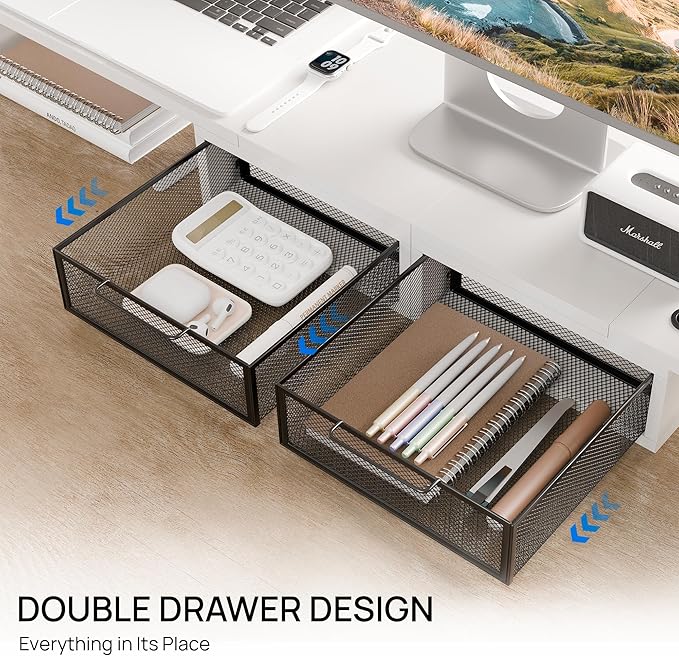 ZIFTY Dual Monitor Stand Riser for 3 Monitors, Desk Organizer with 2 Drawer and Smartphone Holder, Adjustable Length & Angle Workspace Organizers for Monitors Laptop Printer Computer, White