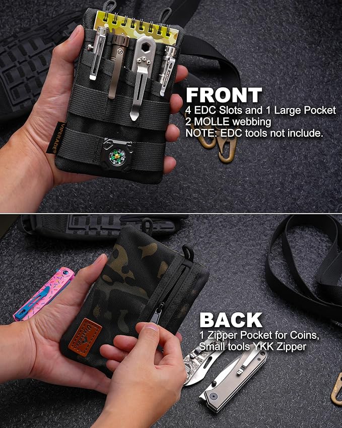 VIPERADE VE4 Tool Pouch, Nylon Pocket Organizer with 2 Pockets and 4 Small Tool Storage EDC Gears, Best Gift to Keep Organized, Hold Your Flashlight/Pocket Knife, Tactical Pen, Notebook