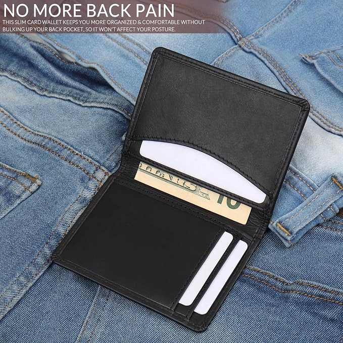 FOXHACKLE Full Grain Leather Credit Card Holder for Men and Women, Slim Bifold RFID Blocking Wallet, Thin Front Pocket Minimalist Wallet, Small Card Case.