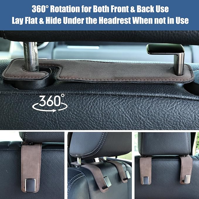Amooca Car Seat Back Hook Universal Auto Storage Hanger Suede with Metal Car Seat Organizer for Handbag Purse Coat Umbrellas Grocery Bags 2 Pack Brown