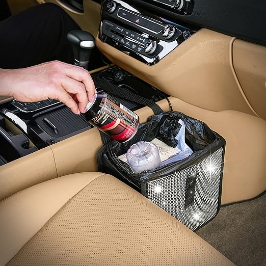 KMMOTORS Jopps Bling Car Trash Can – Foldable Diamond-Style Bin with Strap, PU Leather & Oxford, Waterproof, Sparkly Cubic Finish for Glam Interiors (Medium, Diamond Black)