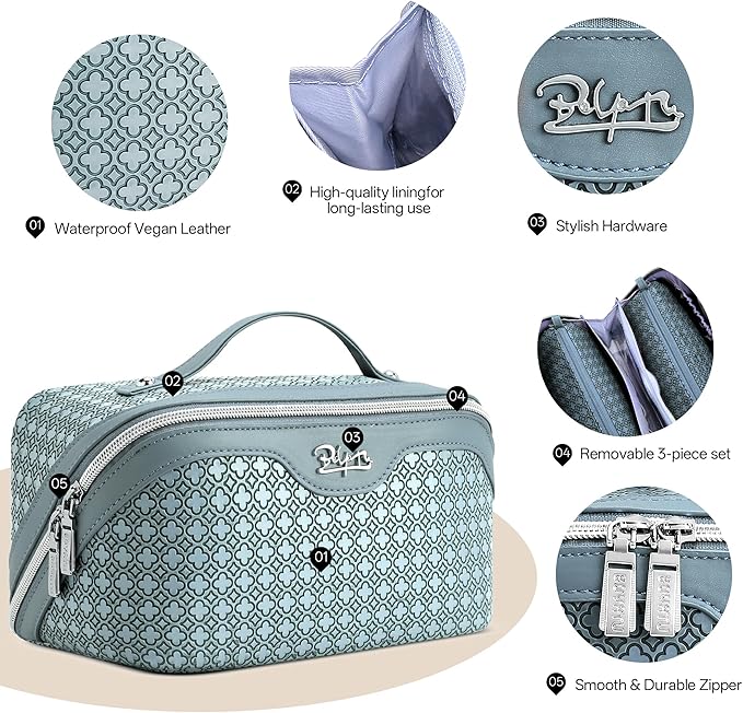BOYATU Travel Makeup Bag for Women: Four Leaf Clover Large Capacity 3 Pcs Set Cosmetic Bags - Waterproof 50% Extra Space for Toiletry Organizer - Travel Essentials for Fortunate (04 Light Blue)
