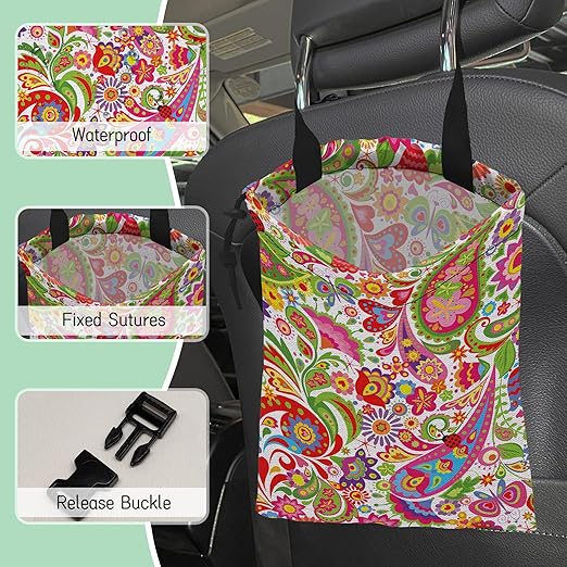Colorful Paisley Car Garbage Bag,Ethnic Floral Waterproof Small Car Trash Bag Hanging Back of Seat,Drawstring Hanging Car Trash Bag with Adjustable Buckle for Car Accessories