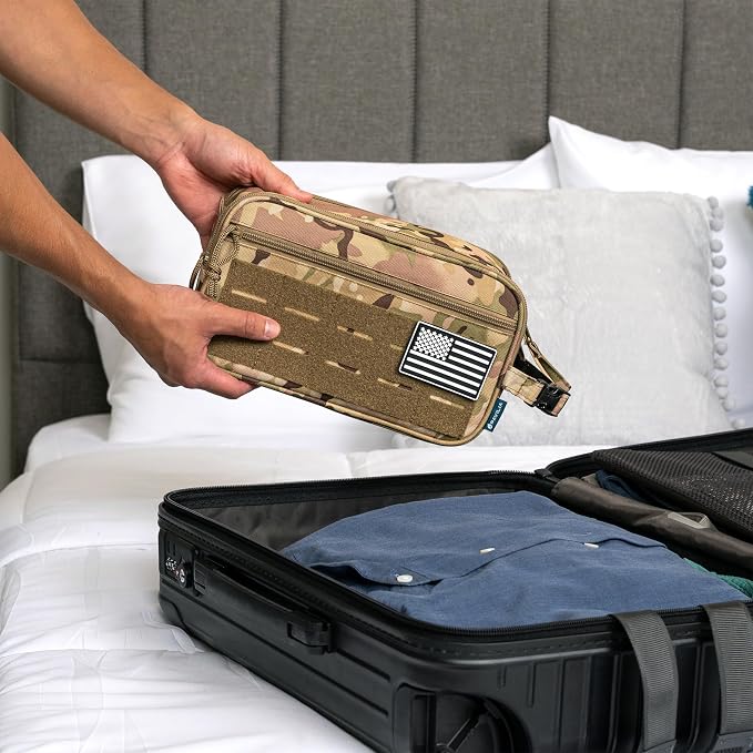 PAVILIA Tactical Toiletry Bag for Men, Water Resistant Molle Military Dopp Kit, Travel Hygiene Organizer with Wet Dry Storage for Shaving, Grooming, Gym and Camping, Camo