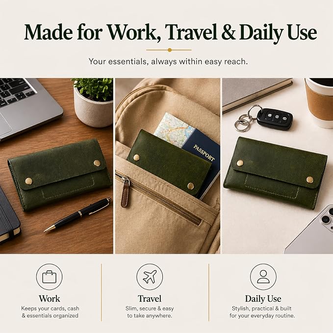 Leather Currency Pouch - Handmade Cash Organizer with Double Button Closure & Zipper Pocket, Compact Money Holder for Travel & Everyday Use, 4 x 8 Inch (Green)