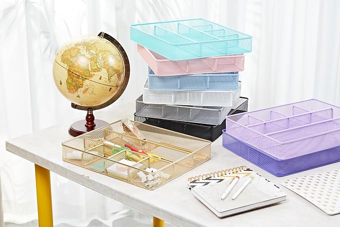 Annova Desk Top Organizer Tray for Office Organization - Metal Mesh - Storage Tray with Dividers for Pens, Desktop Accessories, Bathroom, Kitchen, Makeup and Office Supplies (Large, Black)