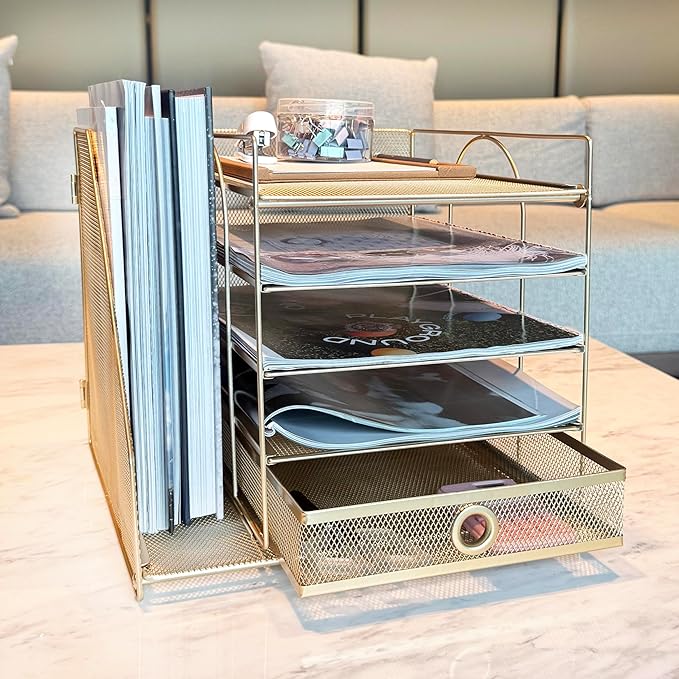 5-Tier Paper Letter Organizer with File Holder, Desk Organizer with Drawer, Mesh Desktop Storage with Magazine Holder for Office Supplies (Golden)