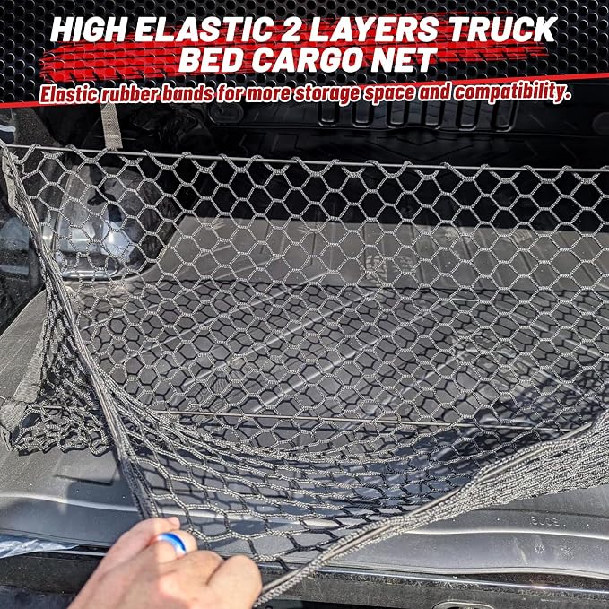 RED WOLF Truck Bed Cargo Net for Pickup Truck Bed Elastic Car Rear Trunk Cargo Storage Net 51''×18'' Envelope Style Mesh Cargo Net for GM Silverado Sierra,Ford F150
