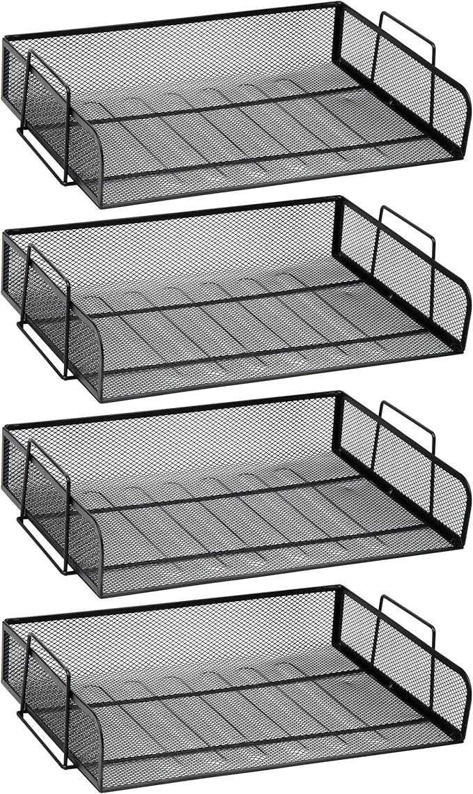 Mind Reader Stackable Paper Tray, Desktop Organizer, File Storage, Office, Metal Mesh, 4 Pcs., Black (Pack of 4)