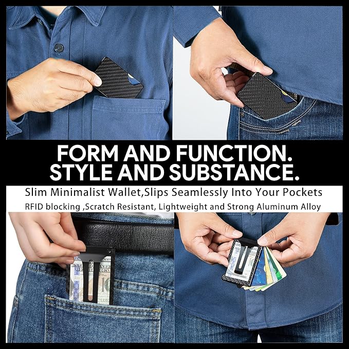 Carbon Fiber Slim Wallet for Men,RFID Blocking Minimalist Metal Wallet, Money Clip/Cash Holder, Front Pocket Aluminum Credit Card Holder, Ideal Gift for Men-Carbon Fiber