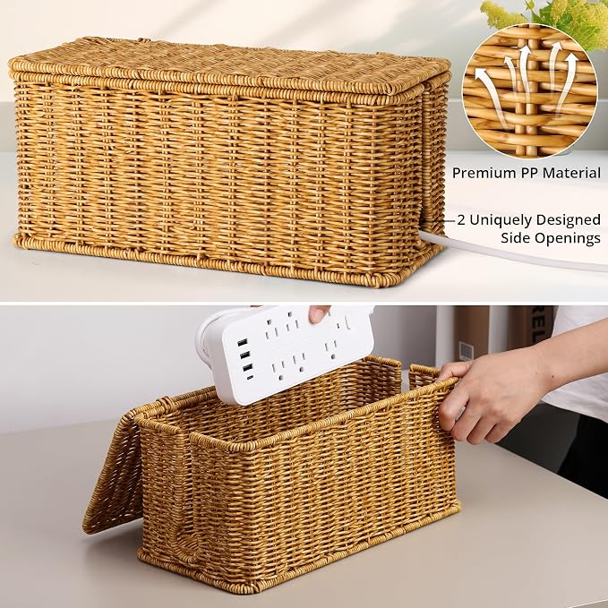 ZhiYo Rattan Cable Management Box, Cord Organizer, Nature, 2 Pack (M&L) | Handwoven imitation rattan cord hider box conceals power strips and cables for a clean desk or floor setup