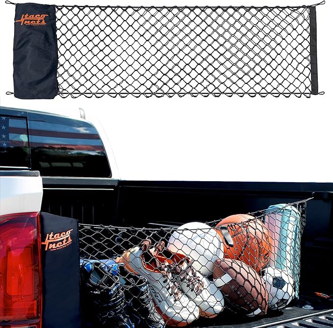 TacoNets Envelope Cargo Net for Toyota Tacoma - Fits 2005-Current - Patented Bed Rail Integration - Upgraded 5mm Bungee - Integrated Storage Bag - Heavy Duty Carabiners - Designed in USA