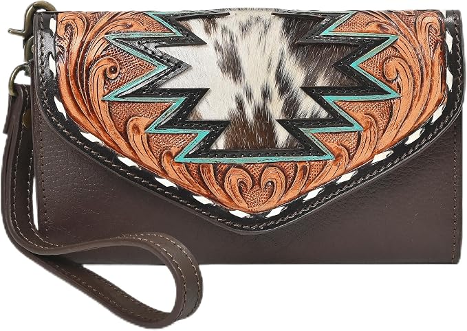 Merbaa Western Leather Wallet for Women, Hair-On Vegetable Tanned Leather Clutch Aztec Wristlet Purse, Card Cases & Money Organizers Bifold Cash Phone Slim Organizer with Card Slots, Zip Coin Pocket