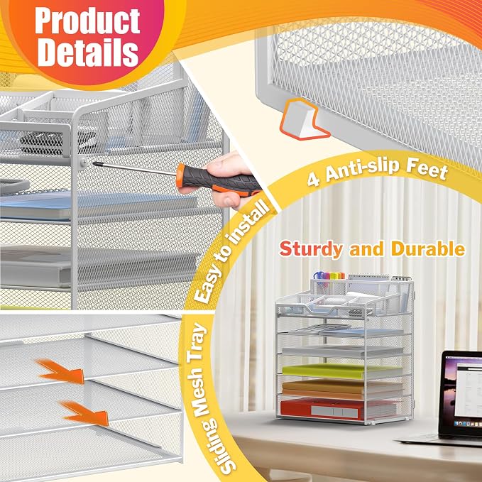 Docnest 6 Tier Mesh Desk Organizer for Paper Office Supplies – Multi-Functional Letter Tray with 5 Adjustable Compartments, 4 Pen Holders, Desktop Storage for Files, Mail, Stationery – White