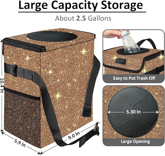 Cute Mini Car Trash Bag with Lid, Glitter Garbage Can Bin Hanging for Back/Front Seat/Console, Waterproof, Leakproof, 2.5 Gallon, Brown Bling Sparkly
