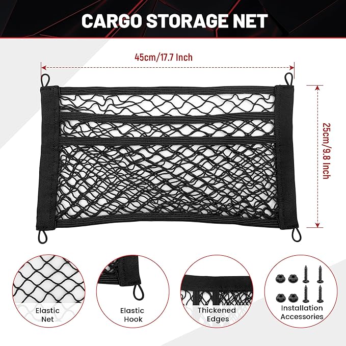 RED WOLF 3 Layer Small Cargo Net 17.7" x 9.8" Elastic Stretchable Bungee Nets Storage Mesh Pocket Organizer Mounting w/8 Screw and Built-in Hooks for SUV Truck Camper Accessories