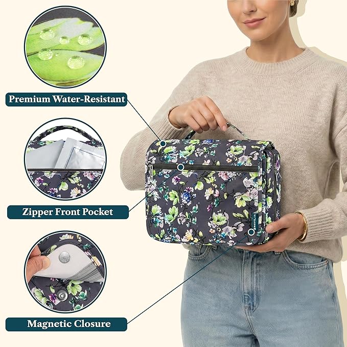PAVILIA Hanging Toiletry Bag Women Men, Foldable Cosmetic Organizer Travel Bag, Water Resistant Makeup Bag Toiletries, Large Travel Essentials Kit (Grey Floral)