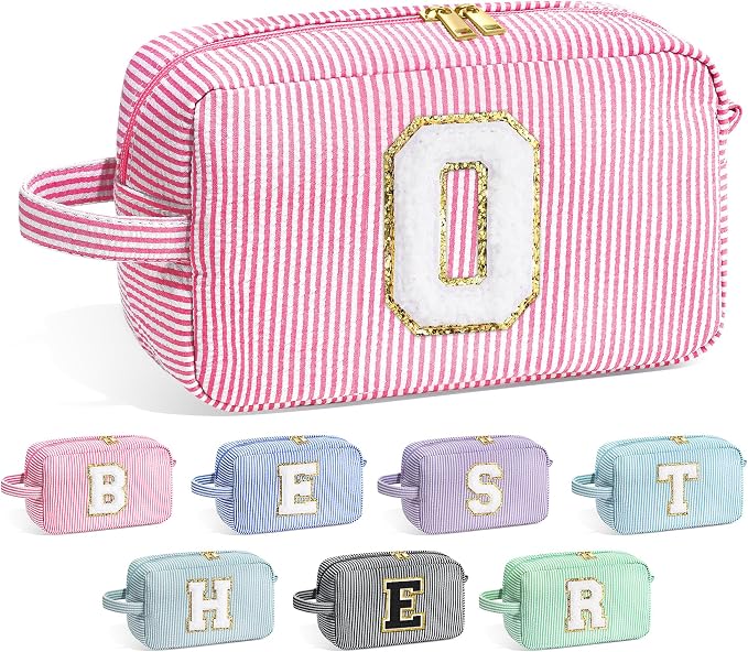 YOOLIFE Initial Makeup Bag for Women - Monogram Cute Makeup Bag Cosmetic Case Toiletry Pouch for Women Her Best Friend Sister Teacher, Personalized Birthday Gifts for Women, Pink O
