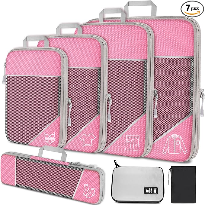NiHome 7PCS Compression Packing Cube Set Expandable Mesh Travel Bag Luggage Organizers with Electronic Cable Cord Charger Organizer Drawstring Bag for Trip Home Storage Travel Gear Accessories (Pink)
