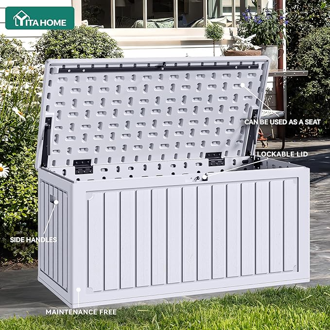 YITAHOME 90 Gallon Double-Wall Deck Box with Side Handles, Outdoor Large Storage for Patio Furniture Cushions, Garden Pool Accessories, Water Resistant & Lockable
