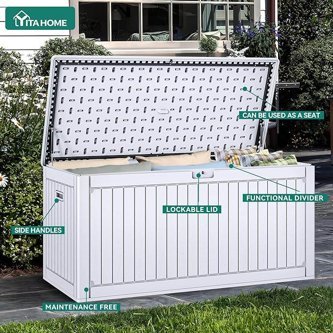 YITAHOME 260 Gallon Extra Large Deck Box, Double-Wall Resin Outdoor Storage Box with Flexible Divider for Patio Cushions Pool Supplies Garden Tools, 1000lbs Load Capacity, Lockable&Waterproof (White)