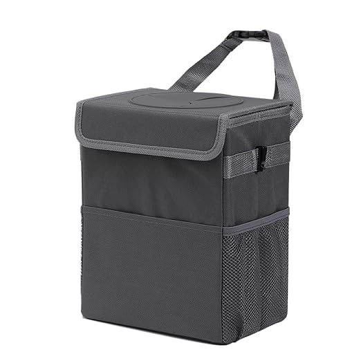 AOKJOY Car Garbage can with lid Leak Proof Vehicle Trash Can 3 Storage Pockets Hanging Waterproof car Trash Bag for SUV Grey