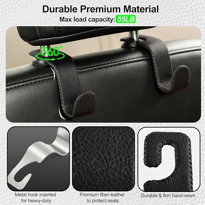 Amooca Car Seat Headrest Hook, Universal Vehicle Storage Hanger, Leather with Metal Car Seat Back Organizer for Handbag, Purse, Coat, Ergonomic Design, Black 4 Pack