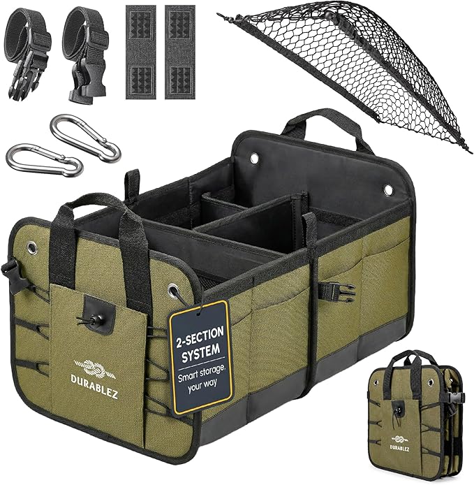 Heavy Duty Foldable Trunk Organizer 2-Section – Dual-Compartment Car Cargo Box with Non-Slip Pads & Removable Dividers – Green