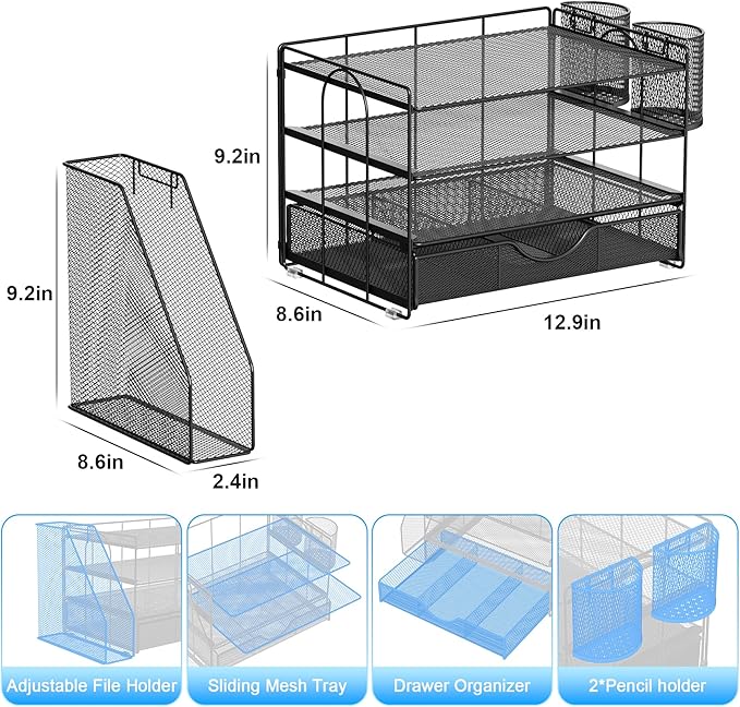 gianotter 4-Tier Paper Letter Tray + Monitor Stand with Storage (Black)