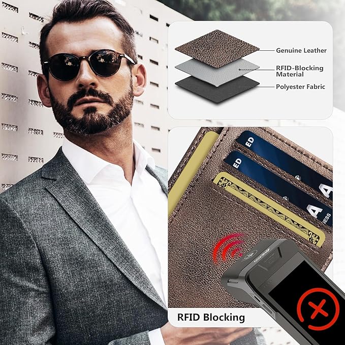 Travelambo 100% Genuine Leather Wallet for Men and Women, Slim Minimalist RFID Blocking Front Pocket Credit Card Holder with Gift Box(Galaxy Coffee)