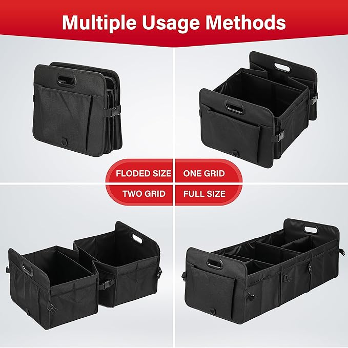 Simple Deluxe Car Trunk Organizer, Multi Compartments Collapsible Trunk Storage, Anti-slip, Waterproof 600D Oxford Polyester, with Adjustable Straps for SUV, Minivan, Truck, Large Size, Black