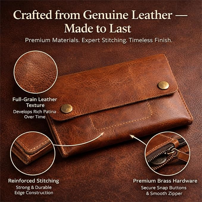 Leather Currency Pouch, Currency Organiser, Dollar Bills Holder, Bills Organizer, Money Envelope with Mobile Pocket, Money Bag For Men & Women (TAN)