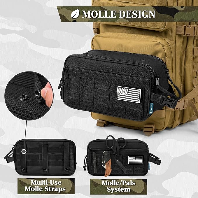 PAVILIA Tactical Toiletry Bag for Men, Water Resistant Molle Military Dopp Kit, Travel Hygiene Organizer with Wet Dry Storage for Shaving, Grooming, Gym and Camping, Black XL