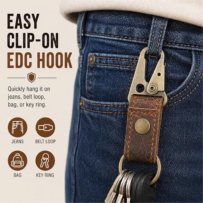 Genuine Leather Keychain with Belt Loop - Key Case Leather Tactical HK EDC Clip Fob Keychain Leathers Key Holder