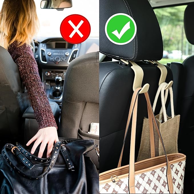 Car Seat Headrest Hook Universal Vehicle Seat Hook Hangers Interior Storage Organizer for Purse Handbag Coats Umbrellas Grocery Bags 4 Pack Beige
