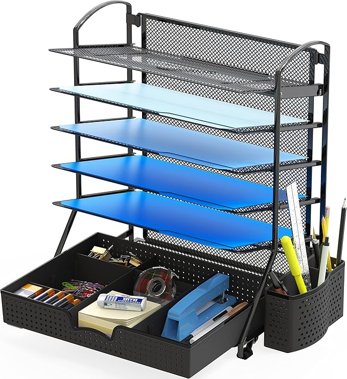 Simple Houseware 6-Tier Desk Document File Tray Organizer with Supplies Sliding Drawer, Black