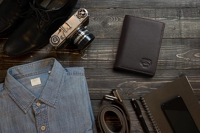 Stealth Mode Men's Slim Front Pocket Wallet - RFID Blocking, Thin Minimalist Bifold Design, Genuine Leather - ID Window and 5 Sleeves for Money, Credit and Debit Cards, Driver's License (Dark Brown)