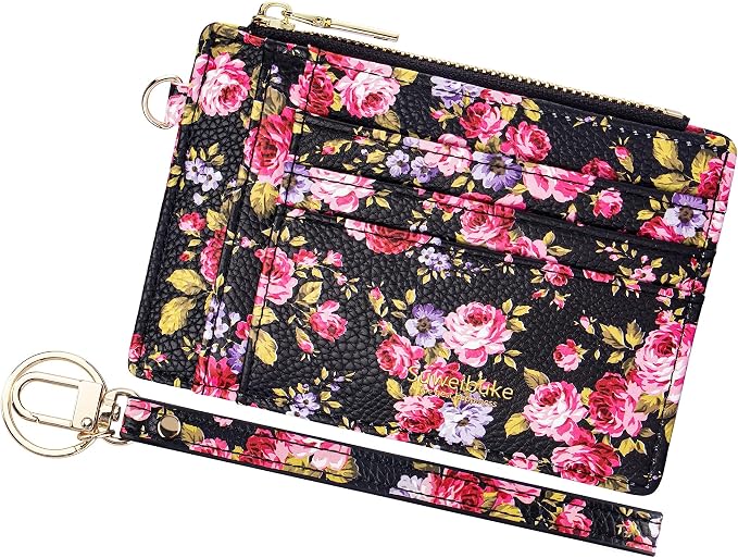 Wikavanli Women Slim Rfid Blocking Credit Card Case Holder Wristlet Zip ID Case Wallet Small Compact Leather Wallet Coin Purse with Keychain (Z-Color flower)