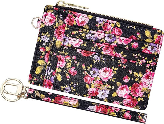Wikavanli Women Slim Rfid Blocking Credit Card Case Holder Wristlet Zip ID Case Wallet Small Compact Leather Wallet Coin Purse with Keychain (Z-Color flower)